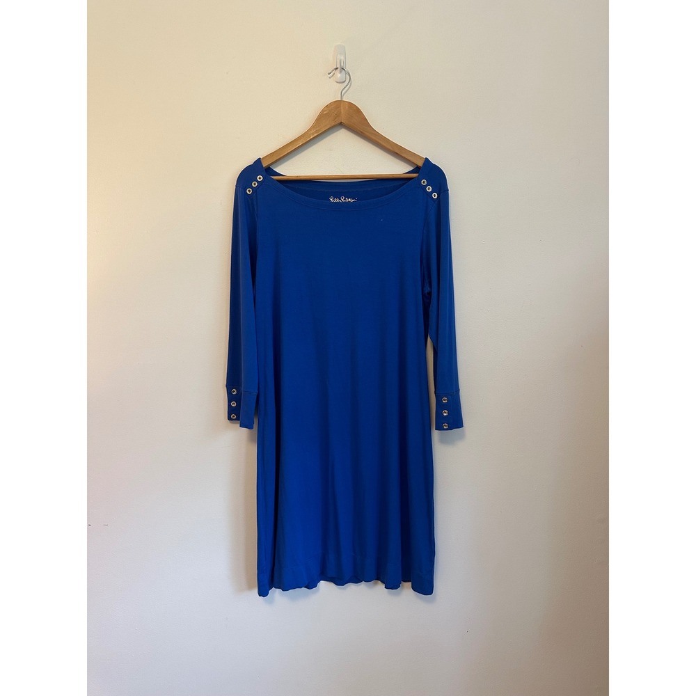 Lilly Pulitzer Blue Boat Neck Shift Dress with Gold Button Shoulder | Size XL